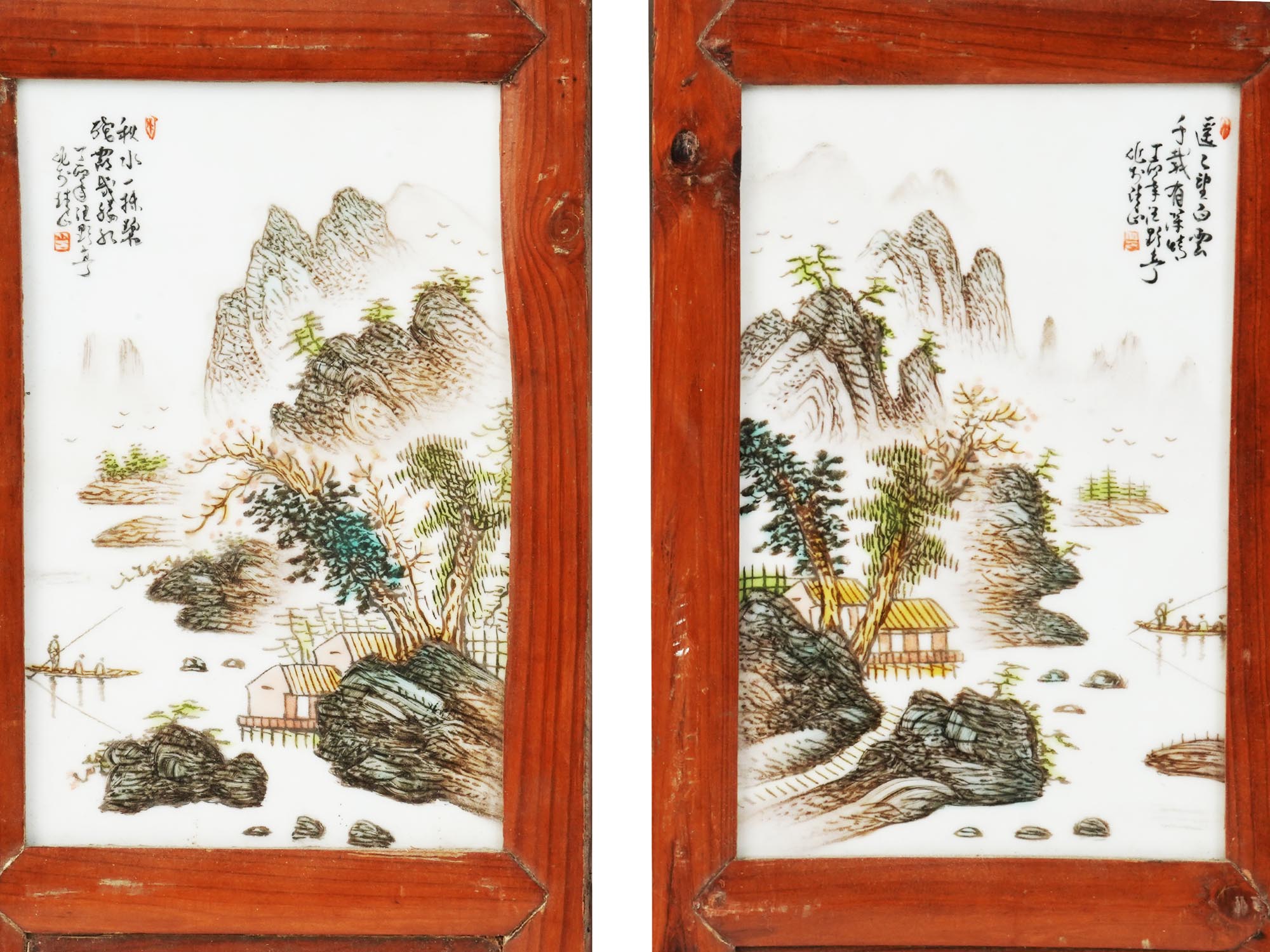 PAIR OF CHINESE PAINTED PORCELAIN WOODEN PANELS PIC-2
